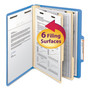 Smead Top Tab Classification Folders, Six SafeSHIELD Fasteners, 2" Expansion, 2 Dividers, Letter Size, Blue Exterior, 10/Box