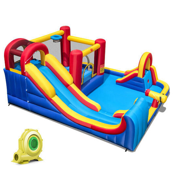 7 in 1 Outdoor Inflatable Bounce House with Water Slides and Splash Pools with 735W Blower - Color: