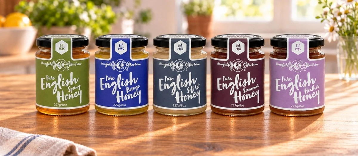 Five glass jars of Honeyfields English Honey lined up on a wooden table