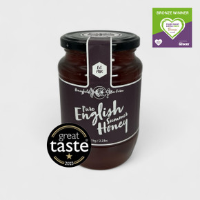 Pure English Summer Honey 1kg jar with Great Taste Award logos
