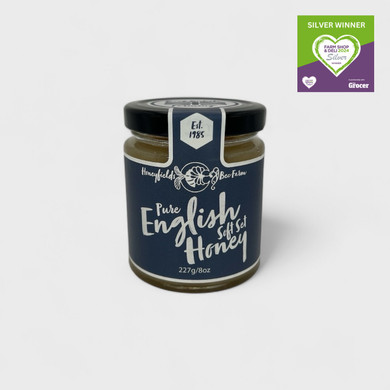 Pure English Soft Set Honey 227g jar with Award logos