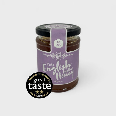 Pure English Heather Honey 340g jar with Great Taste Award logos