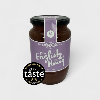 Pure English Heather Honey 1kg jar with Great Taste Award logos