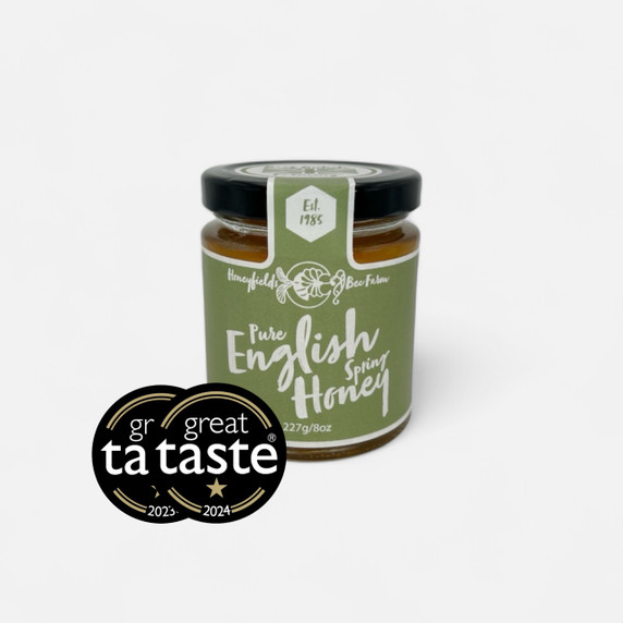 Pure English Spring Honey 227g jar  with Great Taste Award logos