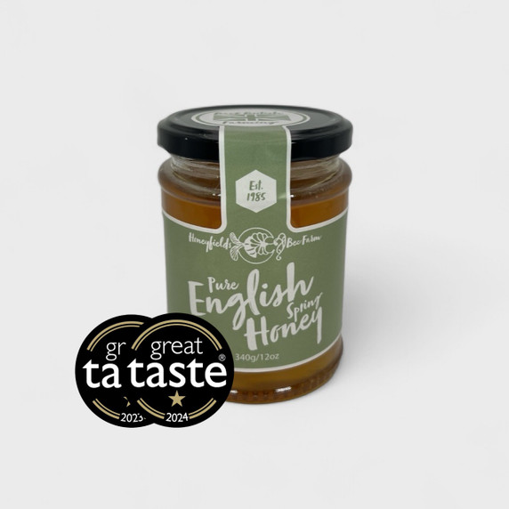 Pure English Spring Honey 340g jar with Great Taste Award logos