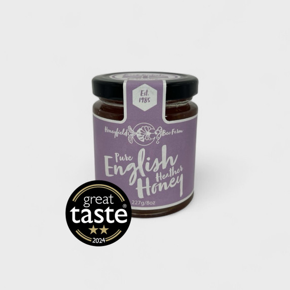 Pure English Heather Honey 227g jar with Great Taste Award logos