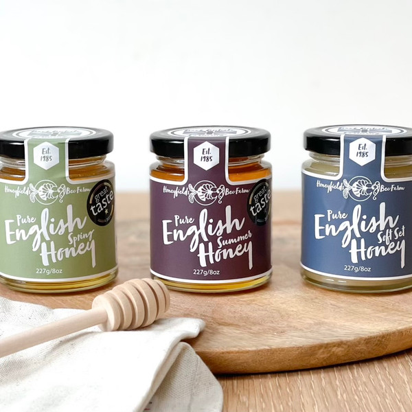 Trio of English Honey and wooden dipper