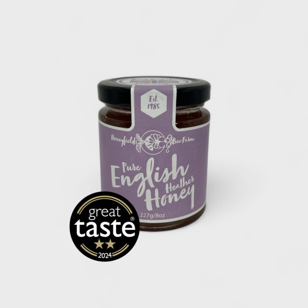 Pure English Heather Honey 227g jar with Great Taste Award logos