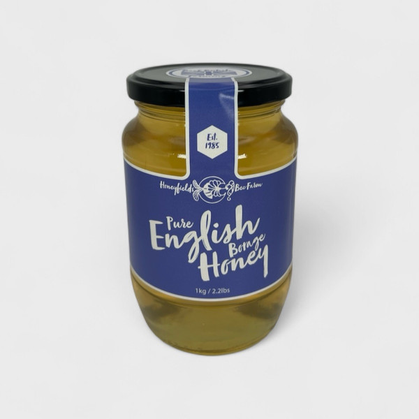 Pure English borage Honey 1kg jar grey background