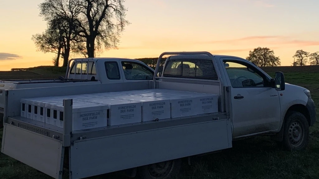 Trucks loaded with Honeyfields Bee Farm 5 frame overwintered nucleus colonies