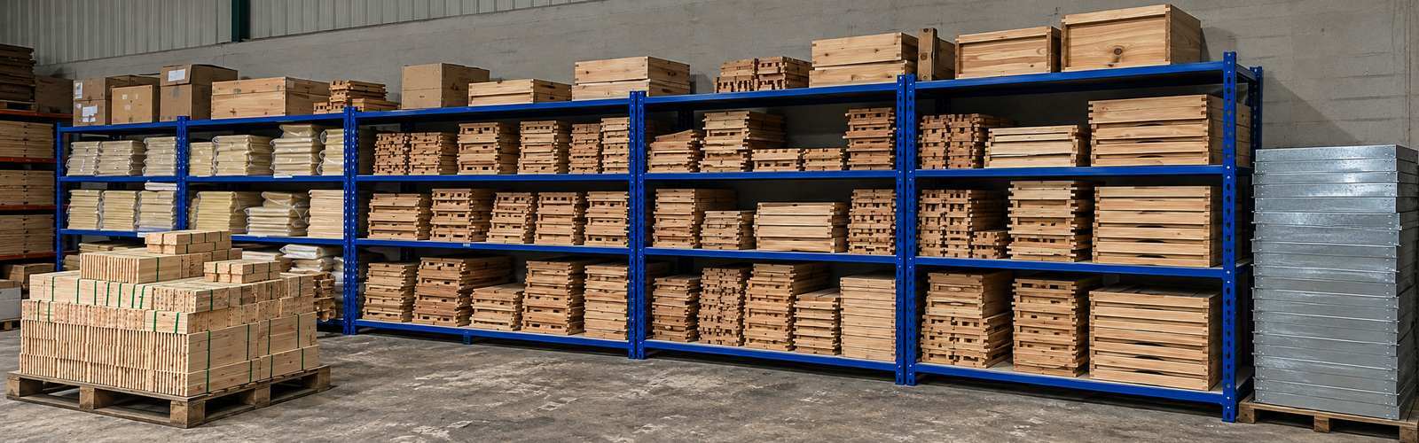 British Standard National hives, flat-pack hive components, and high-quality beekeeping equipment in Honeyfields Bee Farm warehouse