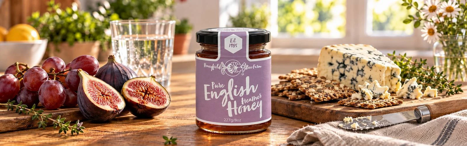 Jar of Honeyfields English Heather Honey on a dining table