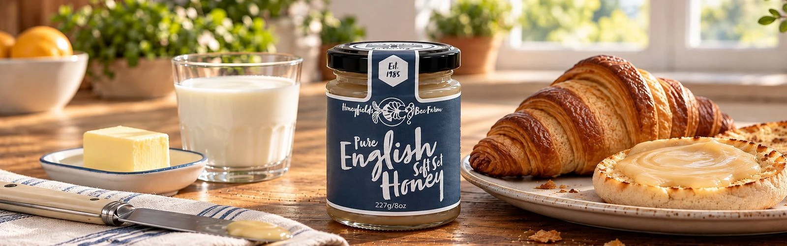 Jar of award-winning English Soft Set Honey on a breakfast table