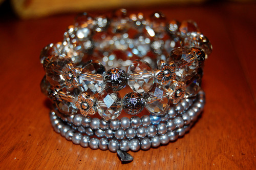 Grey crystals and pearls wrap bracelet