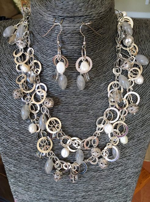 Bright Silver Circles and Freshwater Pearls and Crystals Necklace set