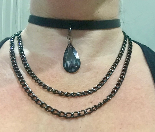 Black Faux Leather Choker with Chains and Preciosa Drop Crystal