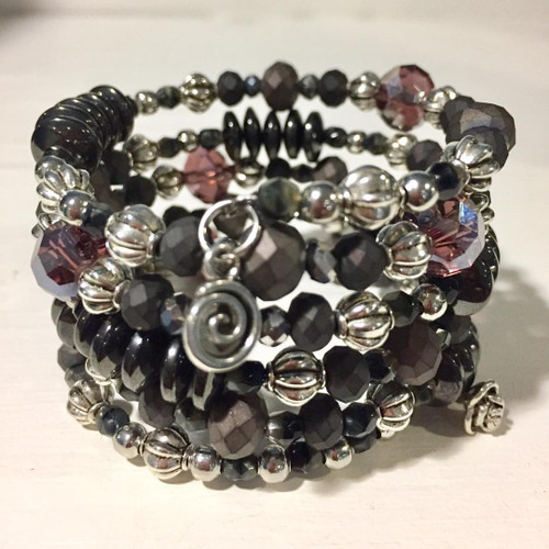 Hematite, Mauve Crystals and Silver Accents Wrap Bracelet