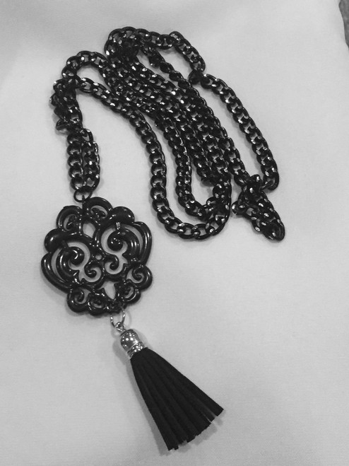 Long Black Scroll with Leather Tassel Necklace