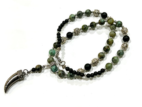 Green Jasper and Black Onyx Necklace finished off with a metal tooth