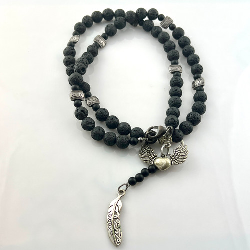 Black Onyx, Lava, Hematite and Skulls necklace