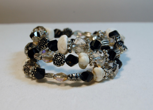 Black crystals, semi precious stones and clear crystals wrap bracelet