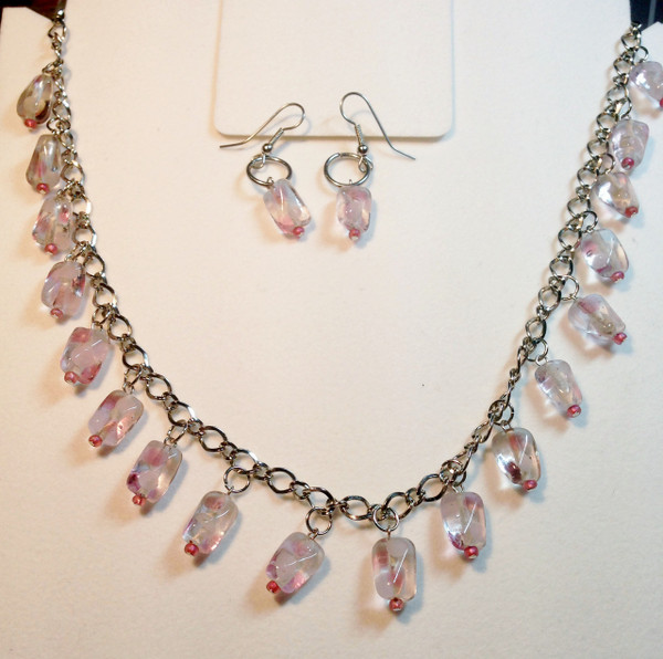 pink and white rectangle drops necklace set