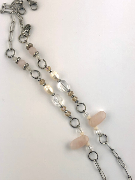 Rose Quartz, Freshwater Pearl, Hematite and Crystals mask chain