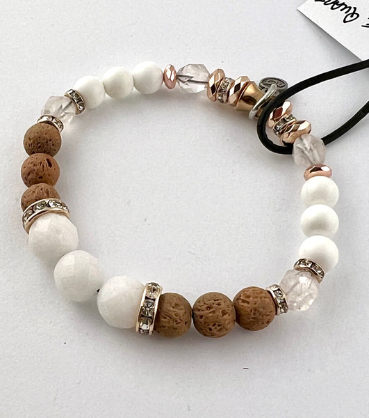 White Quartz, Clam Shell, Hematite, Lava and Clear Quartz bracelet 