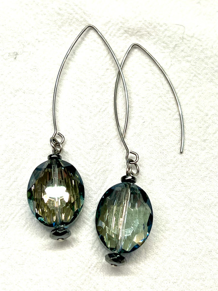 Green Crystal wire drop earrings