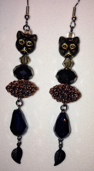 Black Crystals, Bronze wirework and Cat Head Earrings