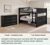 Eberhardt Black Full XL Bunk & Dresser Bedroom Set — What’s included — Included in the base price: one bunk with The selected ladder option and one matching six-drawer dresser. Optional underbed items cost extra.
