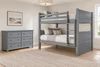 Moreno Grey Queen-over-Queen Bunk & Dresser Bedroom Set — Hero lifestyle — Base set: bunk with included access and one six-drawer dresser. No Underbed Item. Mattresses, bedding and decor are not included.