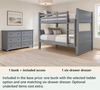 Moreno Grey Queen-over-Queen Bunk & Dresser Bedroom Set — What’s included — Included in the base price: one bunk with the selected ladder option and one matching six-drawer dresser. Optional underbed items cost extra.