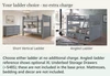 Moreno Grey Queen-over-Queen Bunk & Dresser Bedroom Set — Ladder choice guide — Choose either ladder at no additional charge. Angled-ladder reference shows optional XL Underbed Storage Drawers (+$485); these are not included in the base price. Mattresses, bedding and decor are not included.