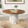 Included Harvey 60-inch round brown-finish table with marble-look accents and pedestal.