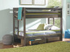 Carmichael Gray Twin Size Wooden Bunk Beds shown with Optional Set of 2 Under Bed Storage Drawers Room
