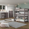 Tribeca Distressed Walnut Twin 3 Bed Bunk Bed shown with 4 Drawer Chest, 6 Drawer and Tall Mirror Room