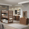 Cass County Mahogany Brown Twin 3 Bed Bunk Bed shown with Vanity Desk, Desk Chair, 6 Drawer Dresser, Tall Mirror and 1 Drawer Nightstand Room