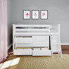 Chelsea White Twin Low Loft Bed with Storage Front View Drawers Open Room