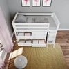 Chelsea White Twin Low Loft Bed with Storage Top View Drawers Open Room
