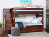 Prescott Cocoa Twin over Twin Wooden Bunk Beds with Stairs shown with Optional Set of 2 Under Bed Storage Drawers