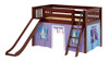 Casey's Chestnut Twin Fort Kids Bed with Slide-Slatted Ends-Purple/Light Blue/Hot Pink Curtains