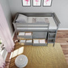 Almere Gray Twin Low Loft Bed with Storage Top View Drawers Open Room