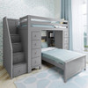 Almere Gray Twin Size Storage Loft Bed with Stairs shown with Optional Bottom Twin Size Bed Angled View Room