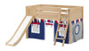 Casey's Natural Twin Fort Kids Bed with Slide-Panel Ends-Navy/Red/Gray Curtains