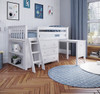 Chelsea White Twin Low Loft Bed with Desk and Dresser Angled View Desk Out Ladder on Left Side Room