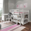 Chelsea White Twin Low Loft Bed with Desk and Dresser Angled View Desk Out Drawers Open Room