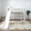 Chad's White Twin Mid Loft Bed with Slide-Slatted Ends Front View Room