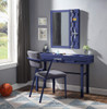 Shipping Container Blue Metal Vanity Mirror shown with Optional Blue Metal Vanity Desk