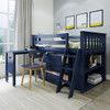 Baldwin Blue Twin Low Loft Bed with Desk and Dresser Angled View Desk Out Drawers Open Room